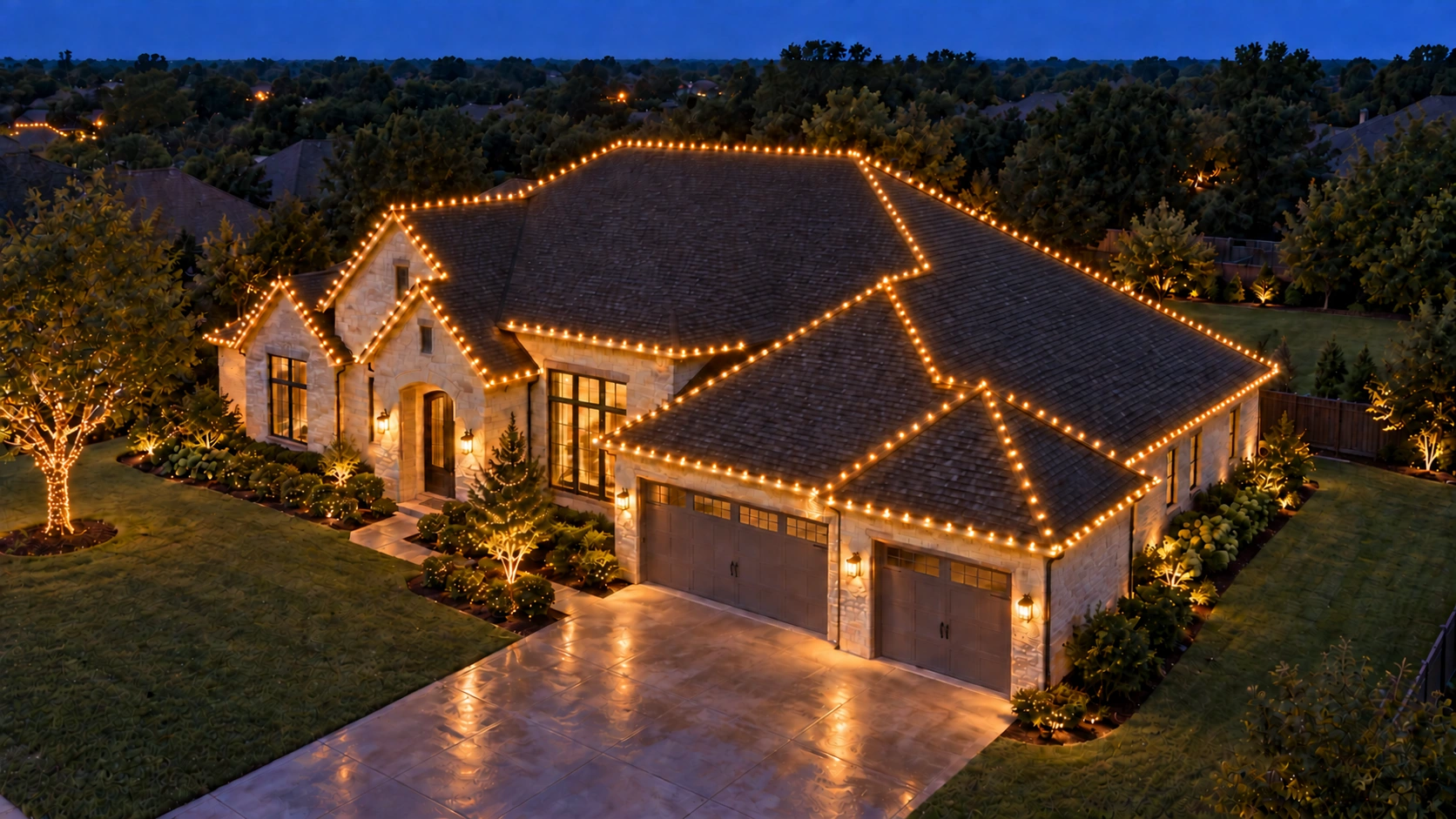 Illustrative Estate Christmas lighting design with warm lights continuing around the home.